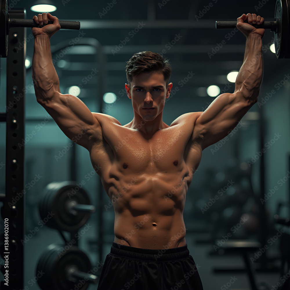 Sweaty Bodybuilder Holding Barbell in Gym, Generative AI Sweaty Bodybuilder Holding Barbell in Gym, Generative AI