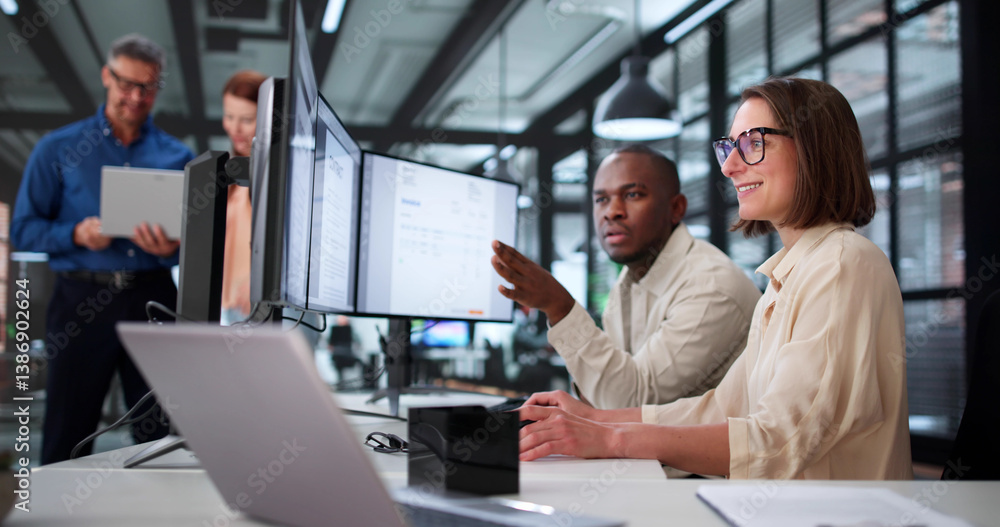 Multiracial Team Of Accountants Using Digital Electronic Invoice