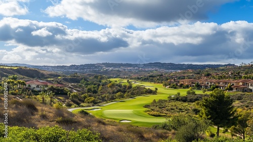 Serene Golf Course Landscape with Rolling Hills and Cloudy Skies