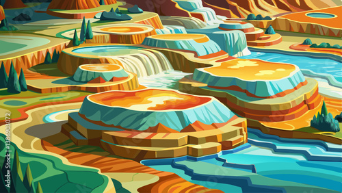 An aerial view of layered hot spring terraces in a remote, untouched natural environment