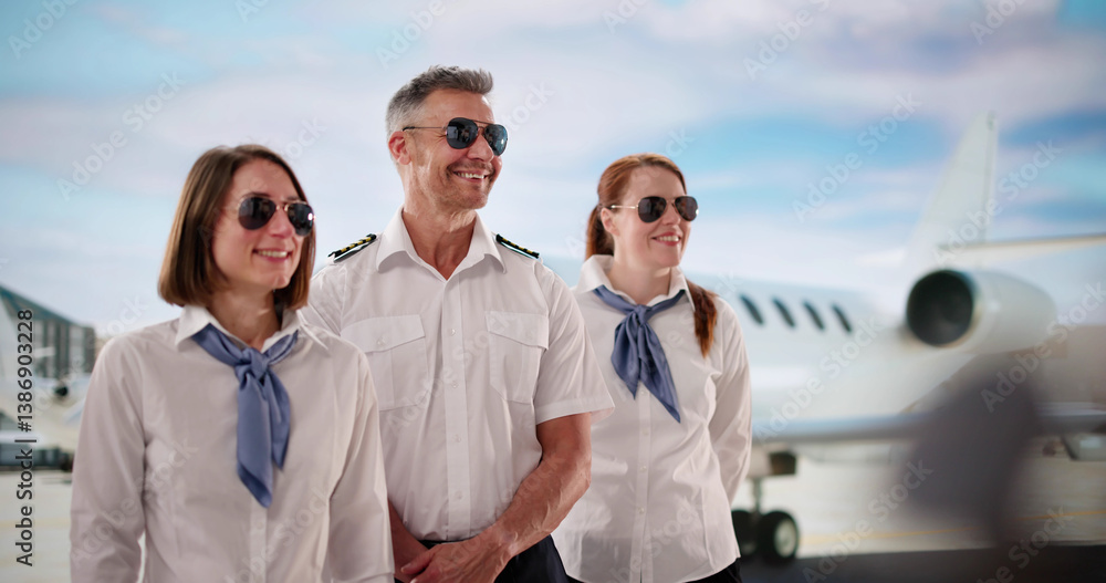 Busy Airport Terminal: Crew In Uniform Prepares