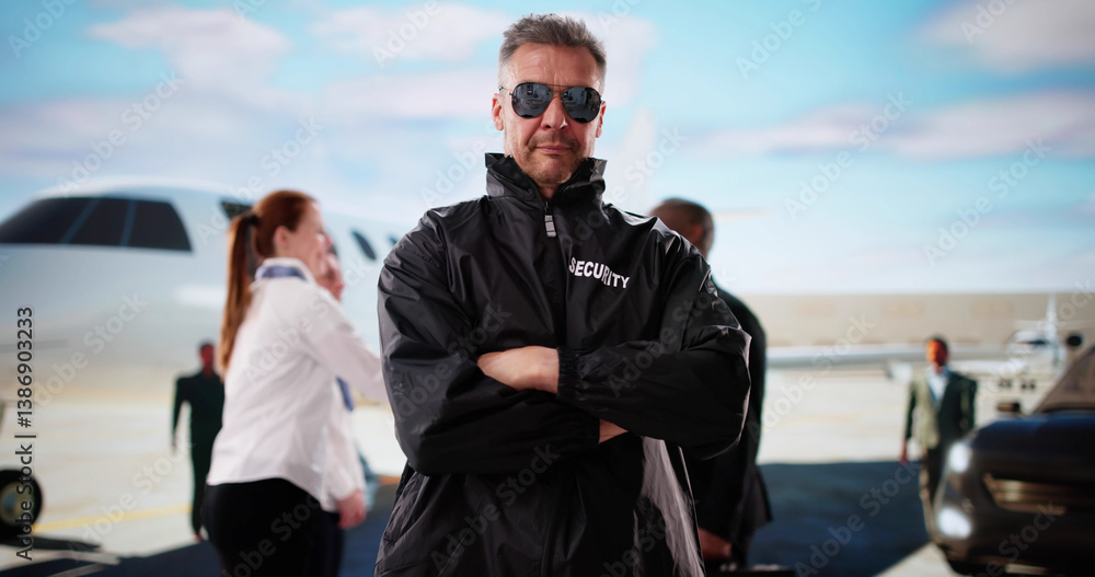 Security Guard Monitoring Private Jet With Walkie-talkie Radio