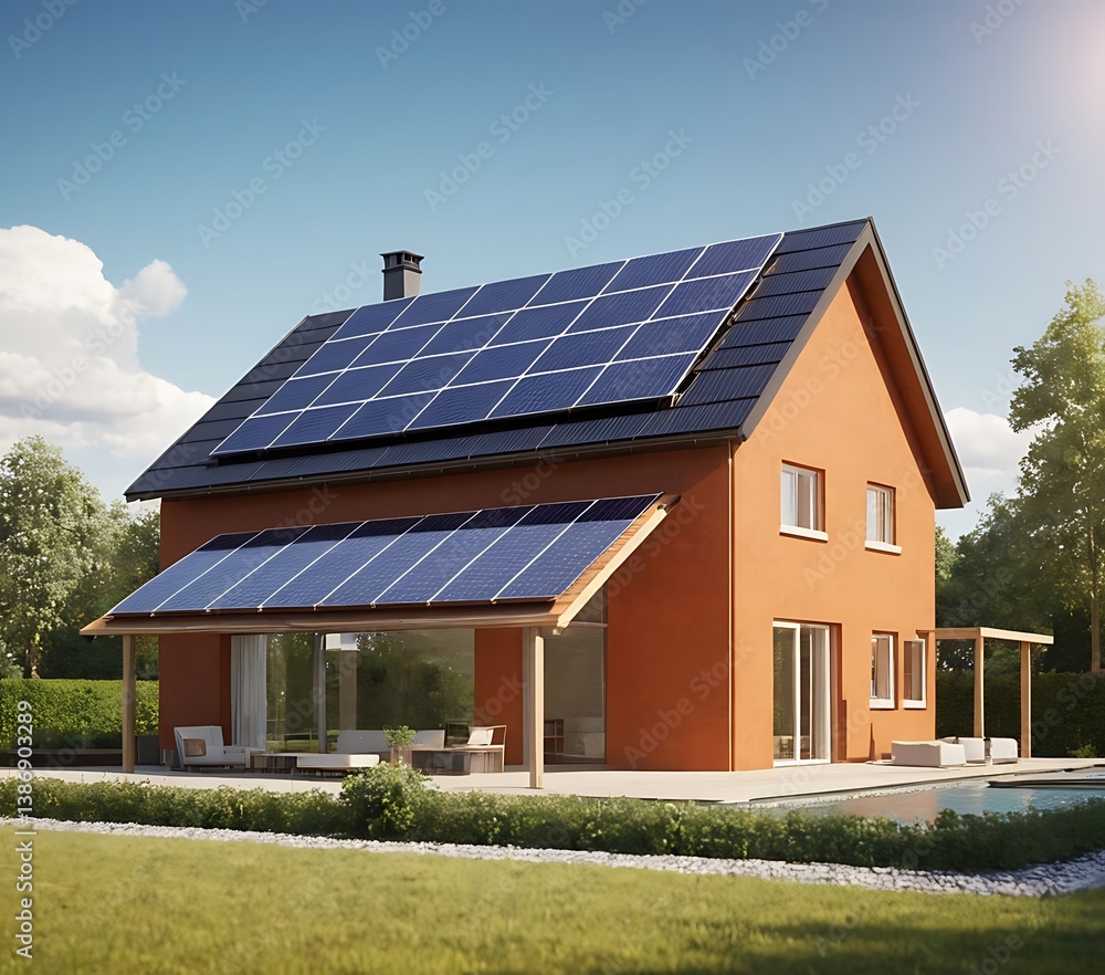 3D model of a house with a solar panel on the roof. Concept Architecture, Renewable Energy, Sustainable Living, Building Design, Solar Technology,electricity, window, house, tree, architect, 345 3D model of a house with a solar panel on the roof. Concept Architecture, Renewable Energy, Sustainable Living, Building Design, Solar Technology,electricity, window, house, tree, architect, 345