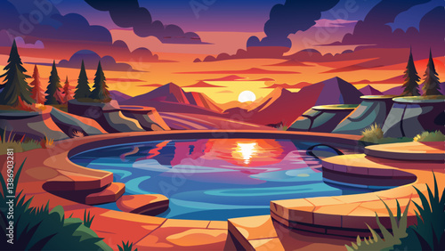 A hot spring at dusk, reflecting the warm colors of the sunset in the still water.