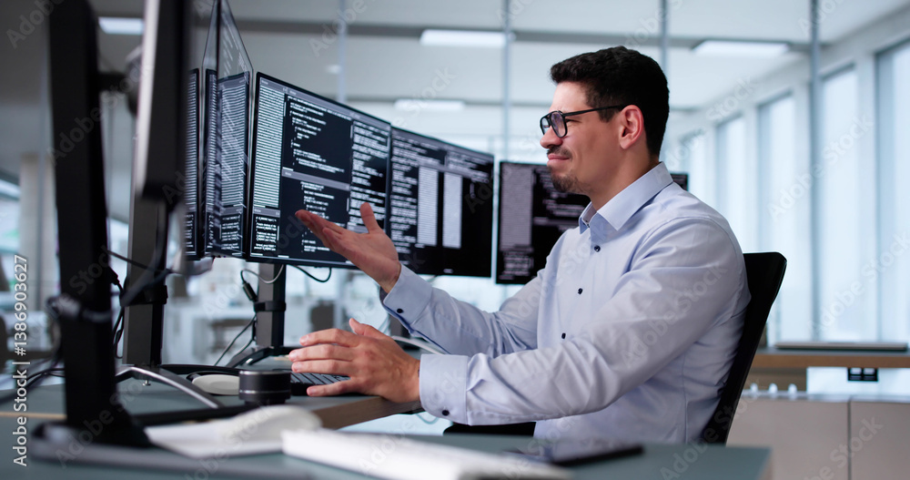 Unhappy Sad Developer Programmer Man In Stress Coding Software