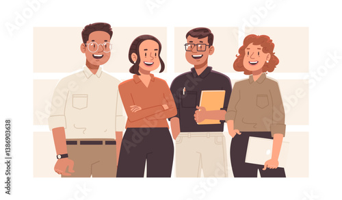 Portrait of cheerful business team. Friendly employees on isolated background. Vector illustration