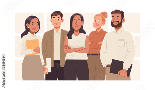 Business team led by a businesswoman. Portrait of company employees. Vector illustration