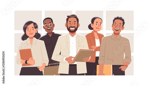 Portrait of business team led by leader. Business men and women, company employees. Vector illustration