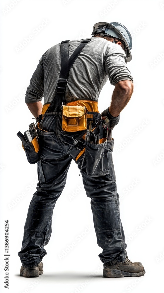 Construction Worker with Tool Belt and Hard Hat, Back View Construction Worker with Tool Belt and Hard Hat, Back View