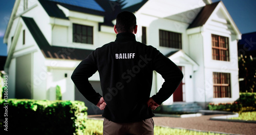 Obraz na płótnie Hispanic Bailiff Man Standing In Front Of At House Entrance w salonie