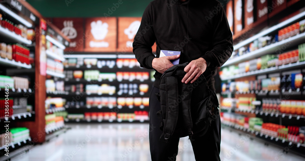 Retail Shoplifting. Man Stealing In Supermarket