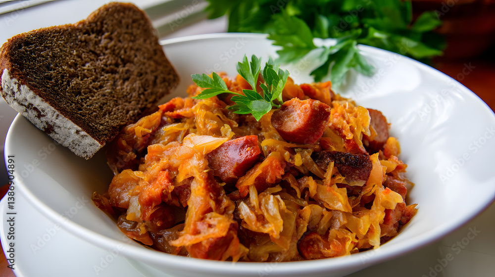 Hearty Polish Bigos Stew with Sausage and Bread for a Comforting Meal Experience Hearty Polish Bigos Stew with Sausage and Bread for a Comforting Meal Experience