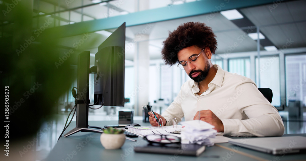Happy African American Accountant Prepares Tax Invoices