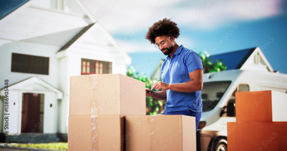 Professional Mover Unloading Van, Holding Boxes and Delivering