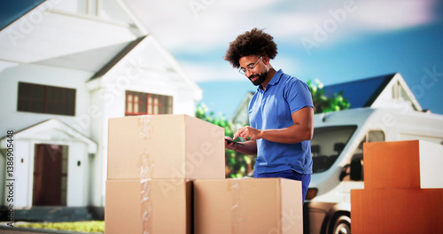 Obraz na płótnie Professional Mover Unloading Van, Holding Boxes and Delivering w salonie