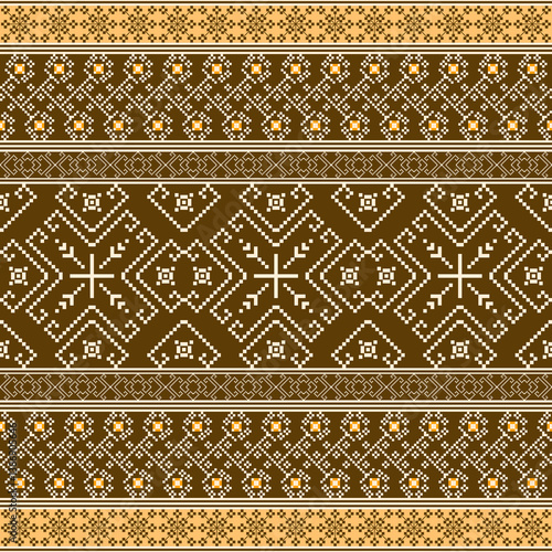 Geometric pixel art pattern. Abstract pixel art geometric pattern design for fabric, carpet, tile, clothing, embroidery, needlepoint and background. Vector pixel art seamless motif Native American 