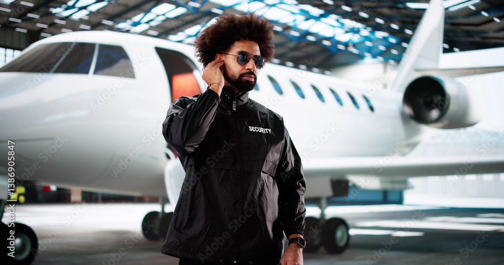 Confident Security Guard Walks By Private Jet