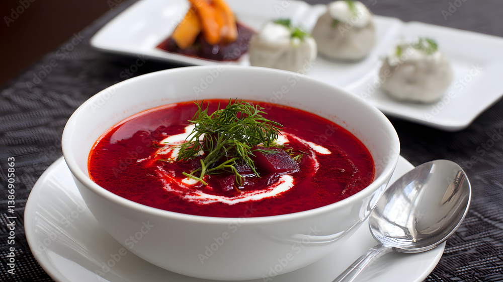 Traditional Beetroot Soup with Sour Cream and Fresh Herbs Served in a White Bowl on a Dark Table Traditional Beetroot Soup with Sour Cream and Fresh Herbs Served in a White Bowl on a Dark Table