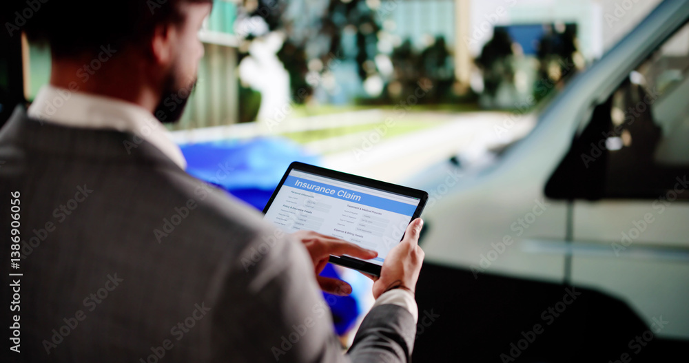 Black insurance agent inspects car crash damage