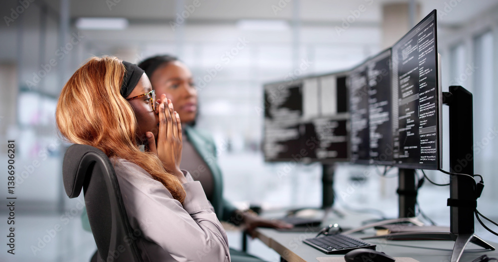 Unhappy developer woman in stress coding software