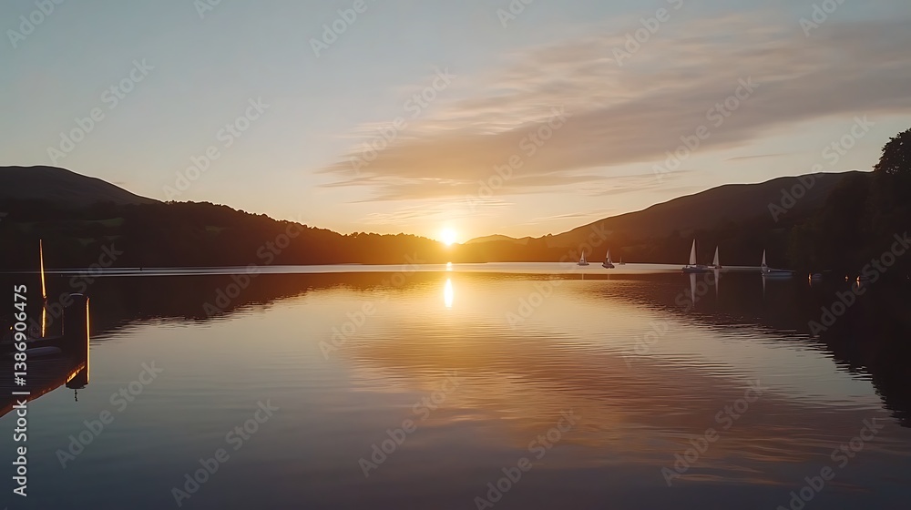 Fototapeta premium Golden Sunset over Lake District Sailboats