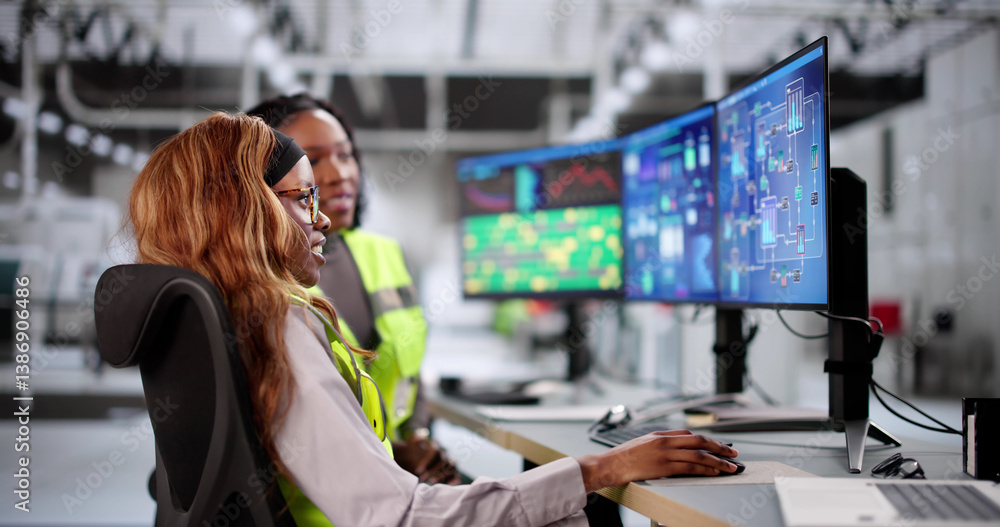 Female engineer operating SCADA system at industrial plant