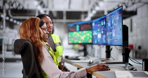 Obraz na płótnie Female engineer operating SCADA system at industrial plant w salonie