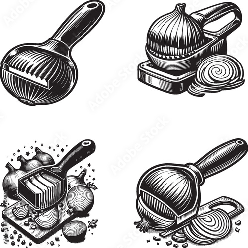 Kitchen equipment vector icon illustration set with spoon and other cooking design elements in black wood style