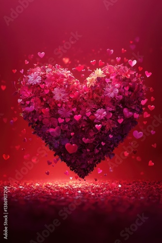 A floral heart in a shower of smaller hearts on a luminous red background
