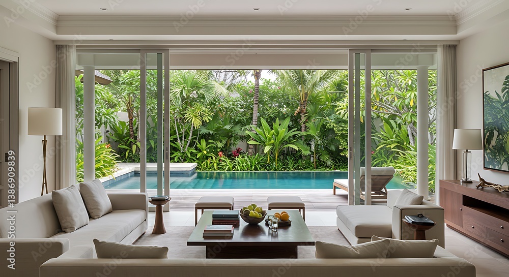 Fototapeta premium Luxury Villa Living Room with Private Pool and Lush Tropical Garden View AI Generated