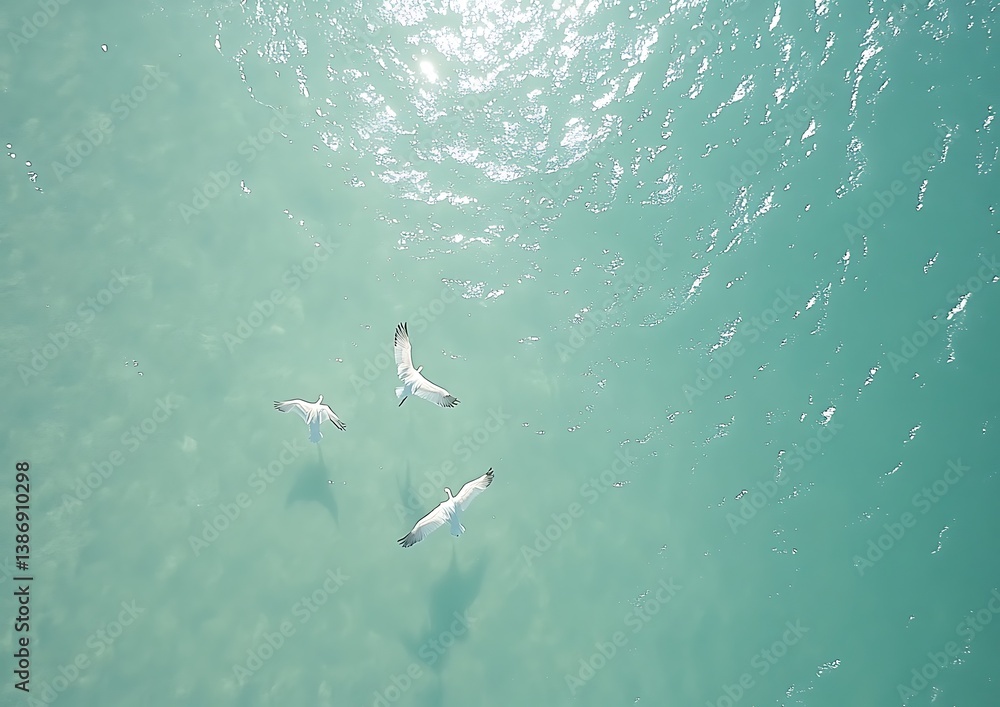 Birds flying over calm turquoise water Birds flying over calm turquoise water