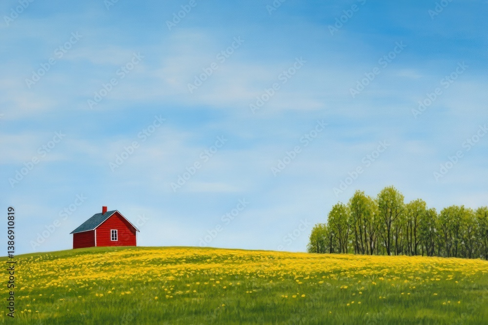 A small red house sits on a hill with a blue sky A small red house sits on a hill with a blue sky