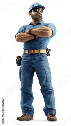 Confident Muscular Man in Blue Work Uniform and Hardhat