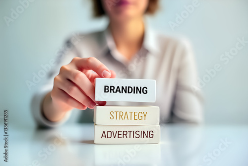 Woman with branding, strategy and advertising blocks