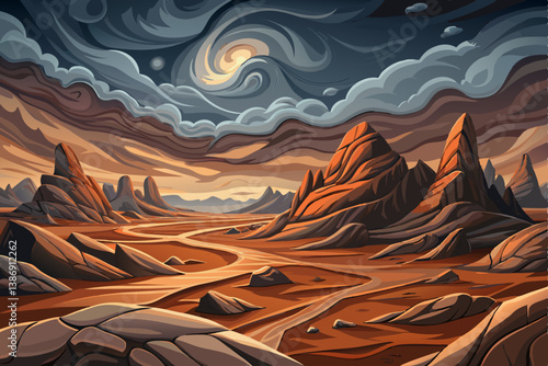 rocky desert field landscape beneath a vast overcast sky
