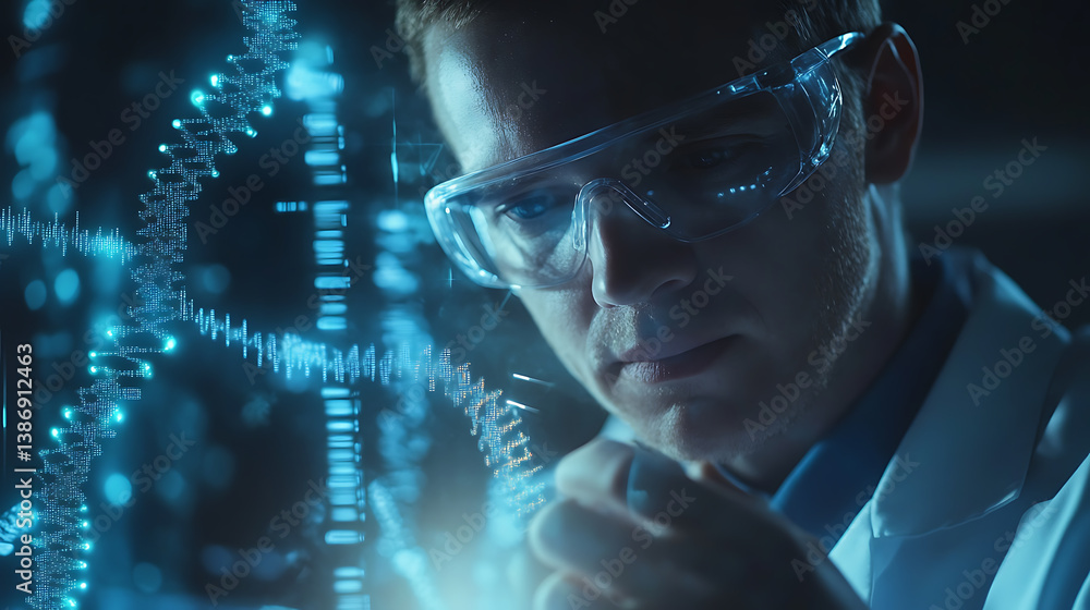 A scientist using a gene editing tool to modify DNA, high-tech lab with digital interface showing genetic data and modification process, High-tech style A scientist using a gene editing tool to modify DNA, high-tech lab with digital interface showing genetic data and modification process, High-tech style