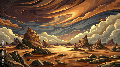 rocky desert field landscape beneath a vast overcast sky