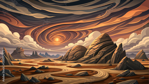 rocky desert field landscape beneath a vast overcast sky