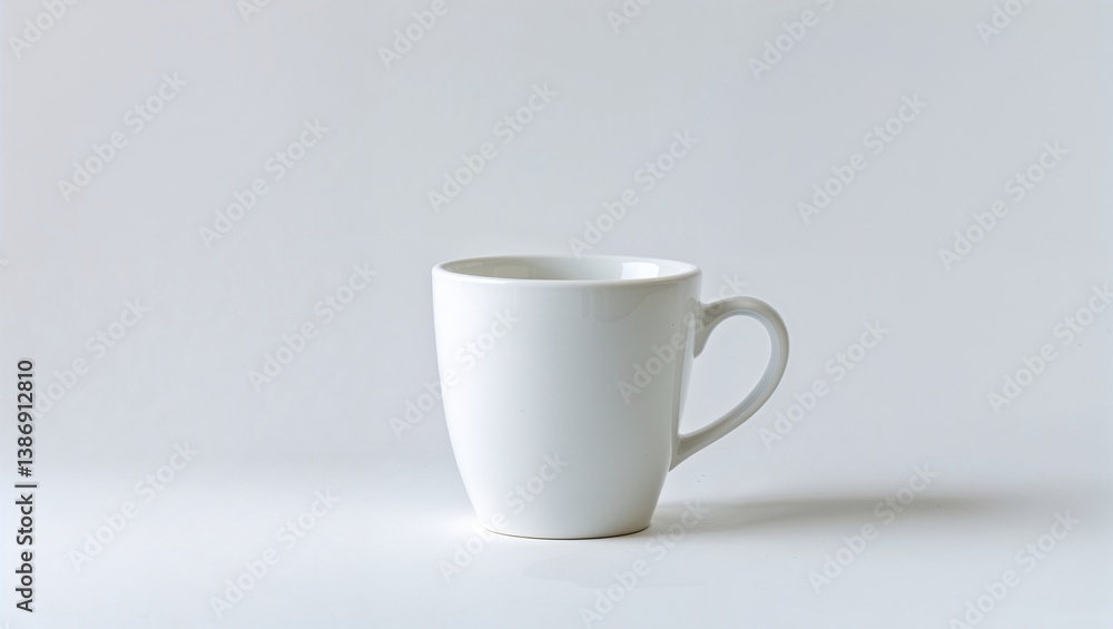 A simple, white ceramic mug with a comfortable handle sits upright against a light background, showcasing its minimalist design and smooth finish, ideal for any beverage. A simple, white ceramic mug with a comfortable handle sits upright against a light background, showcasing its minimalist design and smooth finish, ideal for any beverage.