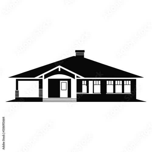 Prairie Style Home Silhouette, Vector, Icon, Logo, White Background.