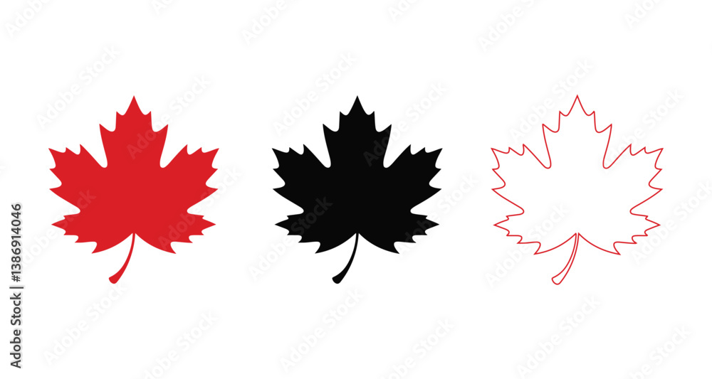 Fototapeta premium Three stylized maple leaves in red, black, and white.
