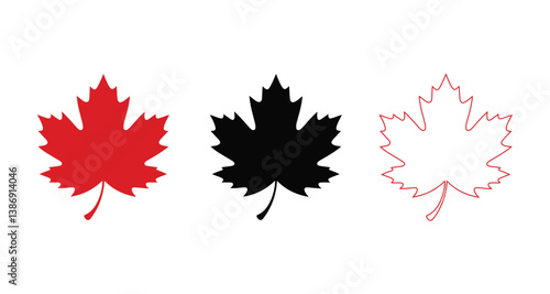 Three stylized maple leaves in red, black, and white.
