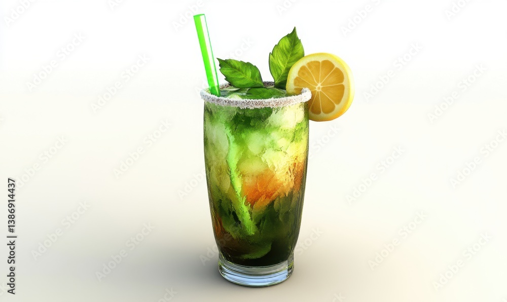 Fototapeta premium Iced mint lemonade drink, summer refreshment, white background, studio shot, ideal for menu
