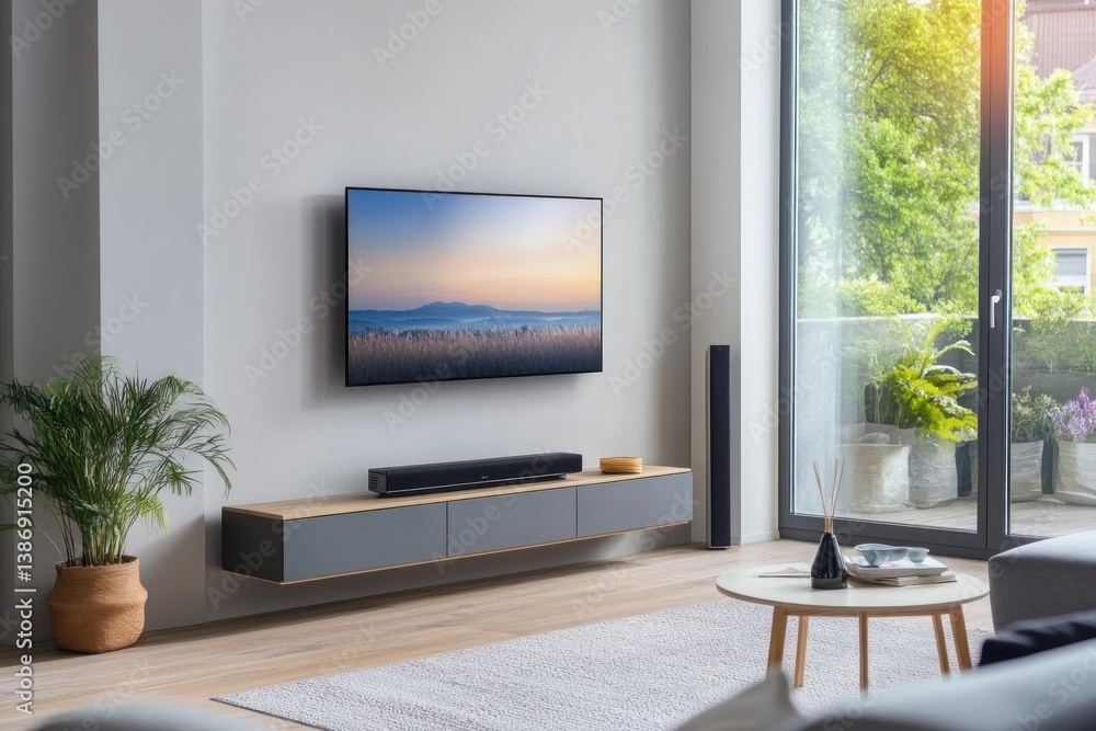 Fototapeta premium Modern living room with sleek television mounted on wall, stylish furniture, soothing color palette, and bright natural light