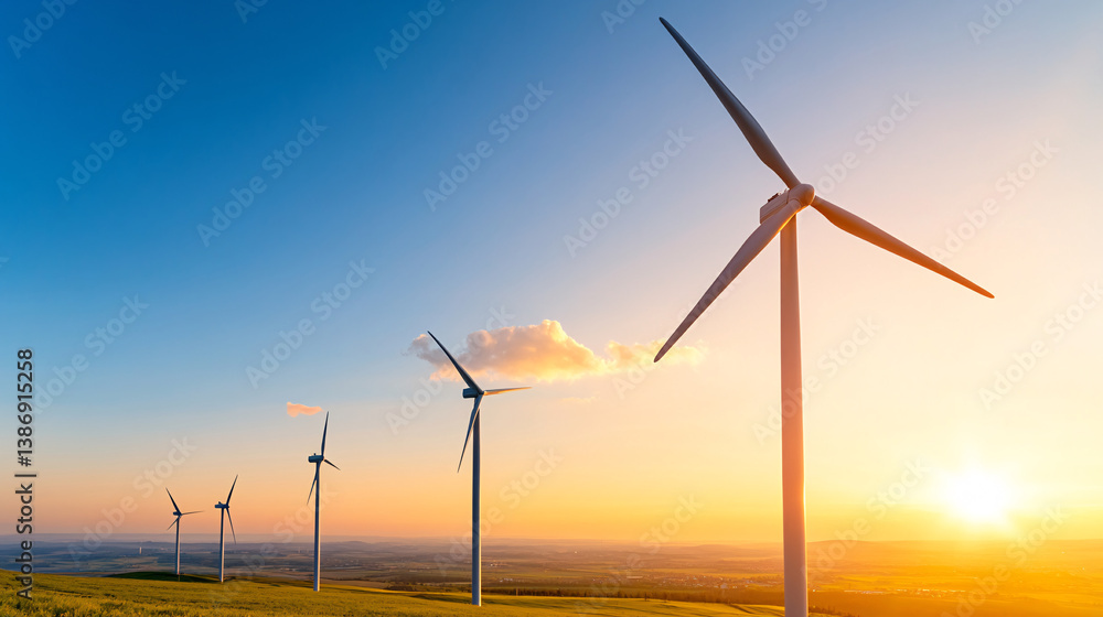 Obraz premium row of wind turbines stands majestically on countryside hill at sunrise, harnessing renewable energy from gentle breeze. sky is painted with warm hues, creating serene atmosphere