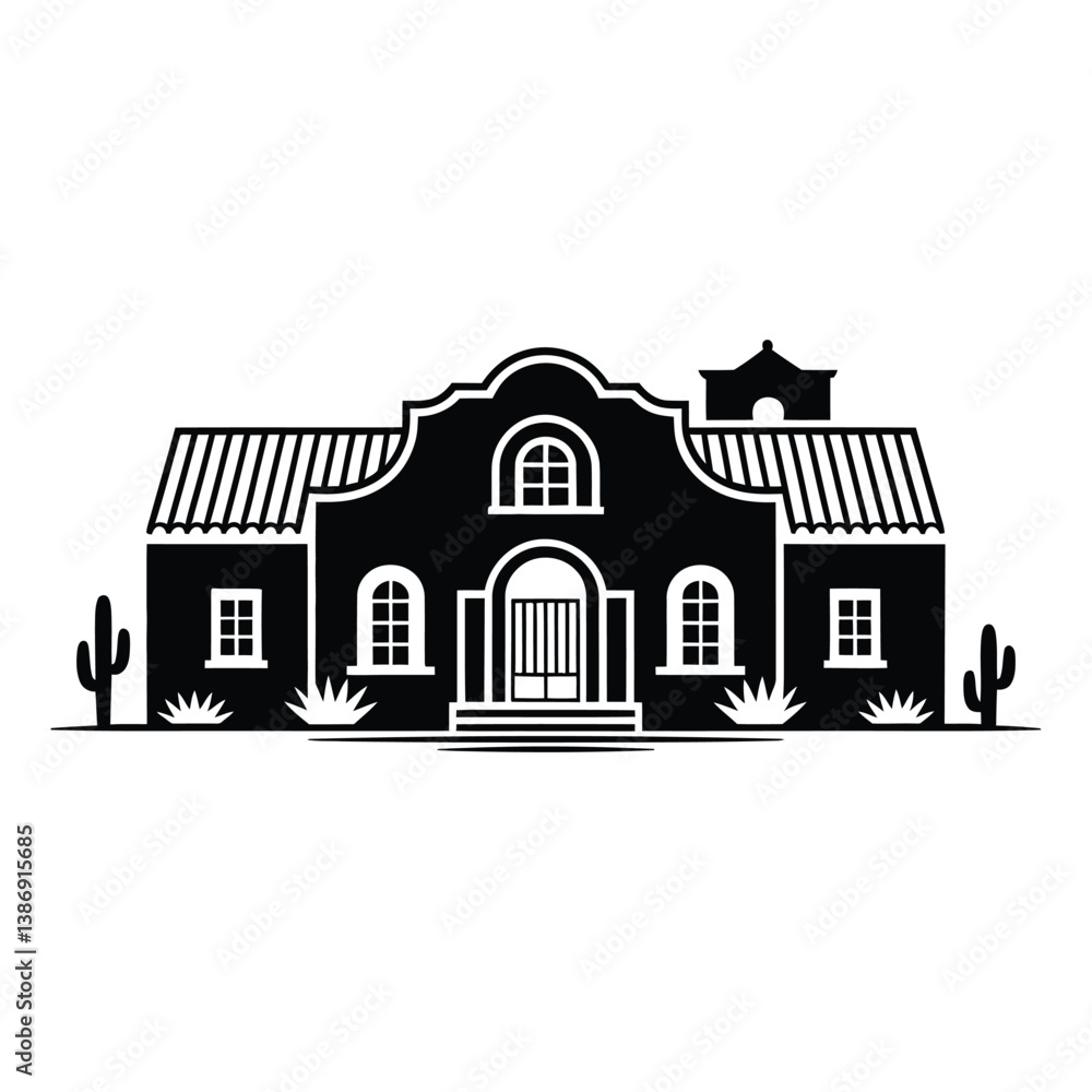 Spanish Hacienda Silhouette, Vector, Icon, Logo, White Background. Spanish Hacienda Silhouette, Vector, Icon, Logo, White Background.
