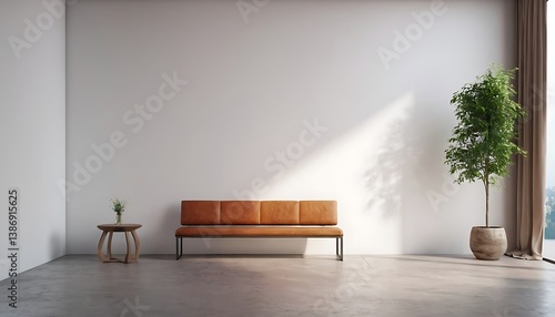 Modern gallery hall with bench and blank wall Performance and presentation concept Mock up 3D Rendering,advertising, apartment, canvas, contemporary, corner, elegance, estate, floor, flooring, 67