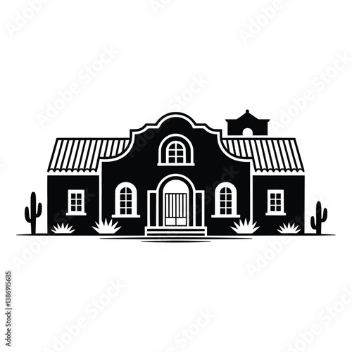 Spanish Hacienda Silhouette, Vector, Icon, Logo, White Background.
