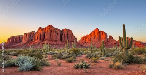 Majestic desert scene showing towering cacti and red sandstone mountains at sunset, in a natural landscape background, symbolizing travel and adventure. Ai generative