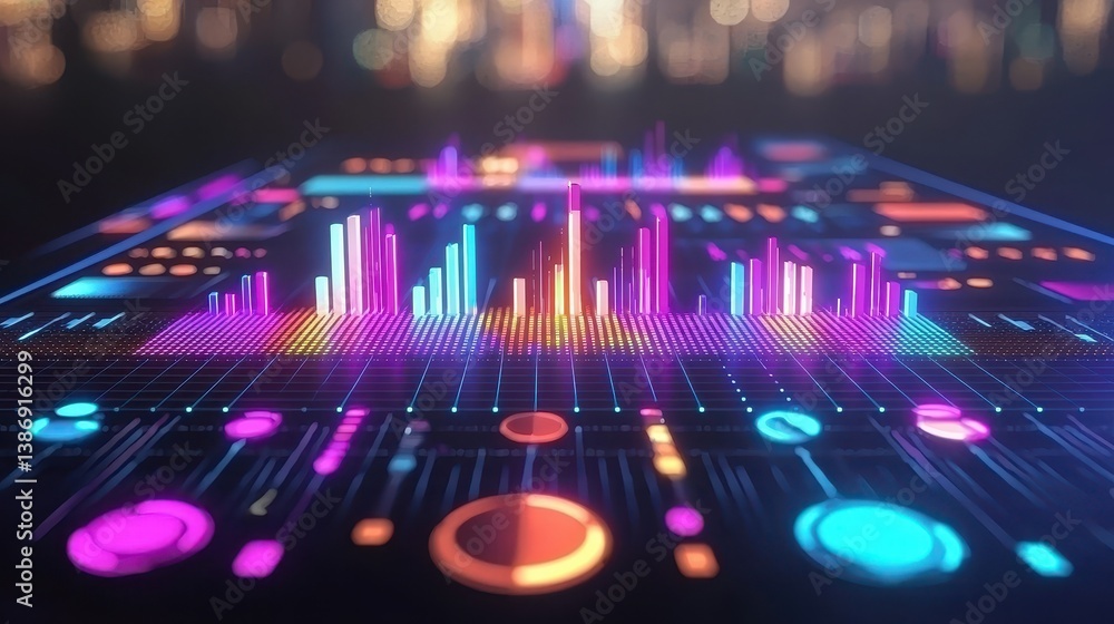 Futuristic Digital Workflow Dashboard Projecting Data Visualizations with Bright Neon Colors and Graphical Elements